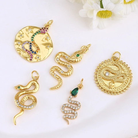 Snake Pendant Charms 14K Gold Plated Brass Micro Pave Cubic Zirconia Personalized Jewelry Components For Necklace Making