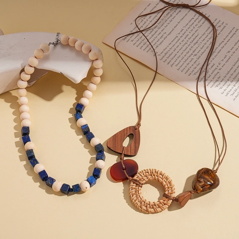 Collana Con Pendente Bohemien Per Donna Fatta A Mano In Legno Rattan Resina Pietra Perline Vintage Stile Etnico Gioielli