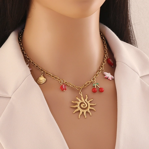 Stainless Steel Multi Charm Necklace Sun Heart Evil Eye Pendant Colorful Bohemian Dopamine Jewelry For Women