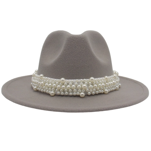 Elegant Wool Felt Fedora Hat With Wide Brim Artificial Pearl Band Retro British Style Jazz Hat For Women