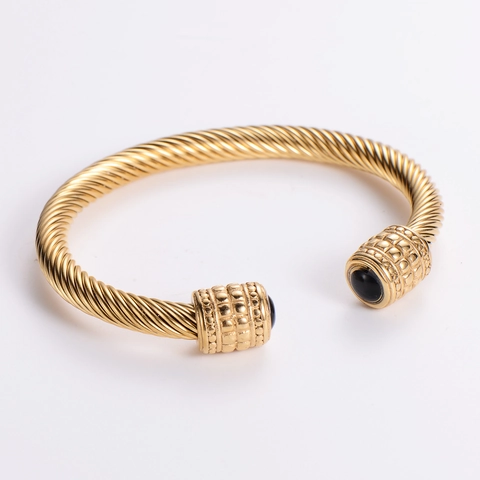 Bracciale Rigido Da Uomo In Acciaio Inossidabile Con Onice Nero Design A Cavo Intrecciato Aperto Stile Retro Lusso Gioielli