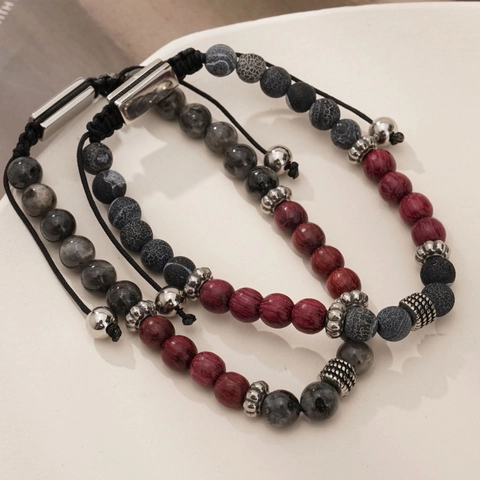 Natural Stone Beaded Bracelet Tiger Eye Labradorite Wood Stainless Steel Adjustable Cord Vintage Men