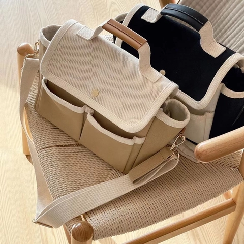 Canvas Crossbody Diaper Bag Women Multi Pocket Patchwork Minimalist Shoulder Handheld Commute Large Capacity