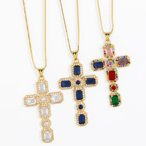 Cross Pendant Necklace Gold Plated Copper Colorful Cubic Zirconia Hip Hop Bohemian Elegant Jewelry For Women
