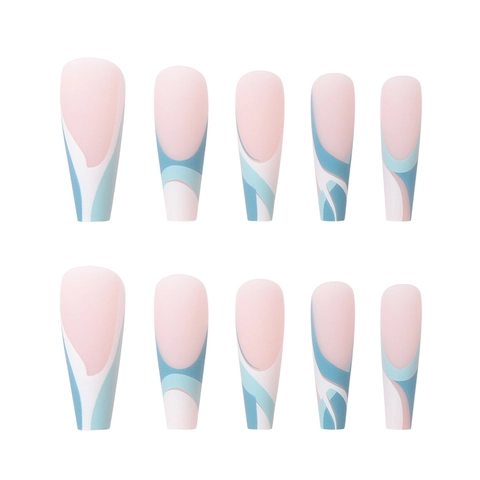 Unghie Finte Lunghe Coffin Base Rosa Linee Ondulate Blu E Bianche Design Francese Manicure Artificiale