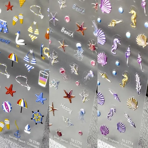 5D Relief Nail Art Stickers 3D Embossed Adhesive Summer Ocean Beach Shell Seahorse Starfish Japanese Style Decorative