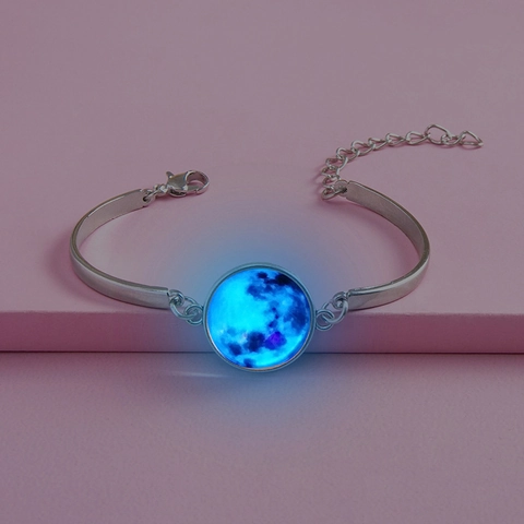 Leuchtendes Mond Sternenhimmel Armband Legierung Versilbert Glas Cabochon Verstellbar Im Dunkeln Leuchtender Schmuck