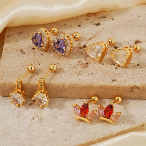 Orecchini A Lobo In Rame Con Zirconia Placcati Oro Cuore Corona Geometrico Quotidiano Con Perno In Rame