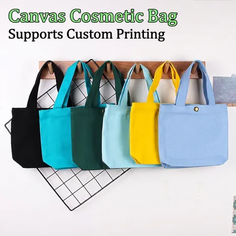 Leinwand Handtasche Kleine Tragetasche Metall Druckknopf Einfarbig Tragbare Kosmetiktasche Lunchbeutel Für Frauen Minimalistisch