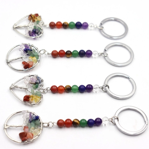 Portachiavi Albero Della Vita Pietra Naturale 7 Chakra Cristalli Guarigione Ciondolo Avvolto In Filo Per Borsa Gioielli