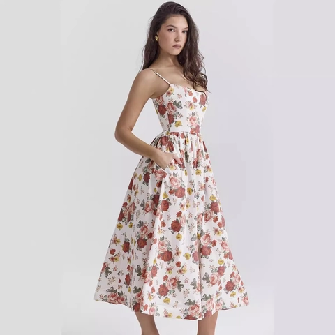 Abito Midi Con Spalline Floreali Estate Linea A Vita Alta Schiena Scoperta Stile Dolce Piccante Vacanze Poliestere Tasche