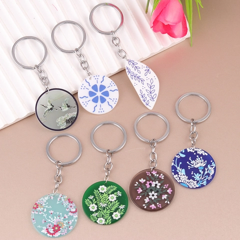 Acrylic Flower Keychain Vintage Bohemian Porcelain Style Floral Bird Pattern Charm For Handbag Backpack Women Gift