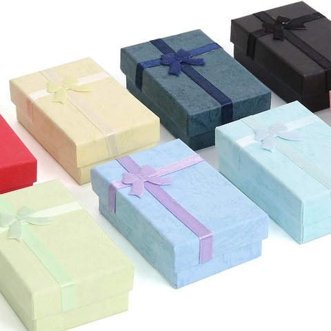 Jewelry Gift Box Cardboard Paper Bowknot Ribbon For Ring Necklace Earring Packaging Display Small Case