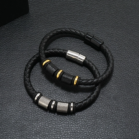 Bracciale In Pelle Intrecciata Perline In Lega Chiusura Magnetica Multistrato Gioielli Alla Moda Per Uomini Unisex