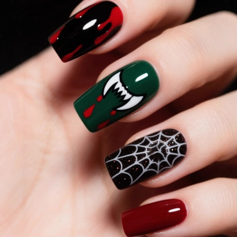 Halloween Press On Nails Medium Long Square ABS Plastic Glossy Spider Web Vampire Teeth Blood Drip Horror Style Women