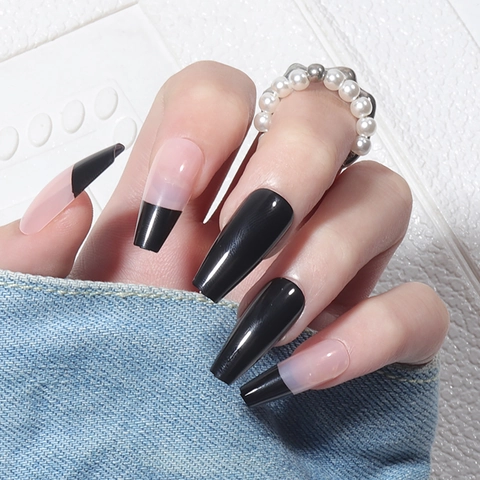 Unghie Finte Press On Lunghe Coffin French Nero Lucido Elegante Semplice Stile Ballerina Manicure DIY