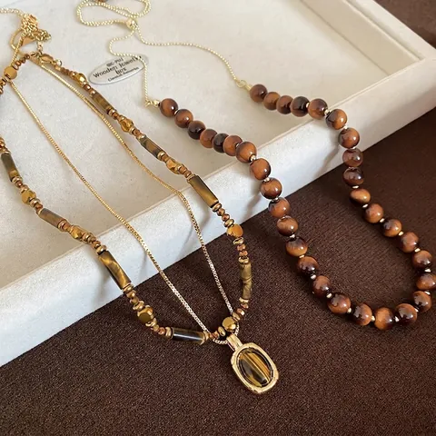 Anhänger Halskette Layered Tigerauge Stein Perlen Kette Retro Maillard Stil Vergoldet Schmuck Geschenk Für Frauen Elegant