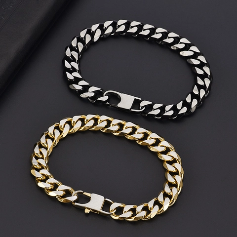 Men's Hip Hop Stainless Steel Cuban Chain Bracelet Matte Brushed Two Tone Gold Black Silver Trendy Jewelry Versatile Link Bracelet