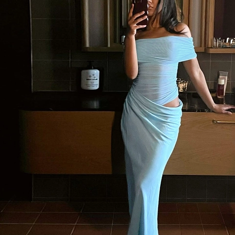 Off Shoulder Maxi Dress Women Ruched Cut Out Waist Slim Fit Sexy Polyester Mesh Long Clubwear Celebrity Style