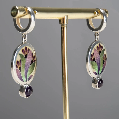 Vintage Enamel Flower Dangle Earrings With Purple Gemstone Silver Tone Geometric Artistic Ethnic Jewelry For Women