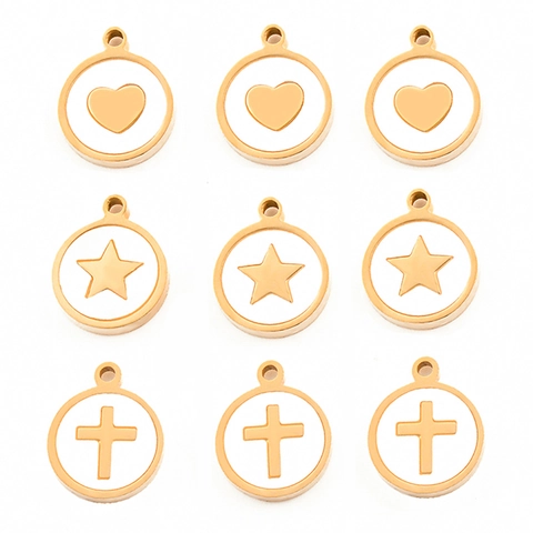 Round Charms Stainless Steel Shell Inlay Heart Star Cross For Necklace Bracelet DIY Jewelry Making Findings