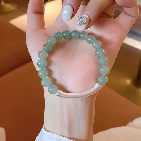 Bracciale Di Perline Di Avventurina Verde Con Tubo Curvo In Lega Argento Opaco Gioielli Retro Minimalisti Da Donna