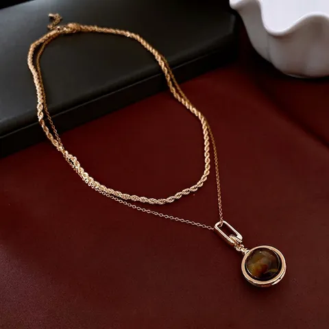Collana A Doppio Strato Placcata Oro Rame Pietra Occhio Di Tigre Artificiale Pendente Rotondo Catena Torta Vintage Donna