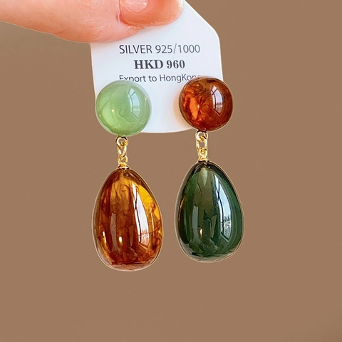Retro Asymmetric Water Drop Dangle Earrings With 925 Sterling Silver Earring Post Resin Teardrop Elegant Jewelry Women