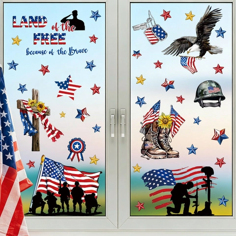 Independence Day Window Stickers PVC Static Clings Red White Blue US Patriotic Memorial Day Decor Star Soldier Silhouette
