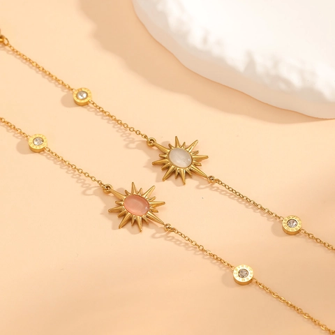 Stainless Steel Sun Pendant Bracelet With Cat Eye Stone Roman Numerals And Rhinestones Fashion Jewelry For Women