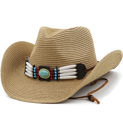 Western Cowboy Strozhoed Voor Dames Boheems Etnisch Geweven Zonnehoed Met Turquoise Kralen En Verstelbaar Koord