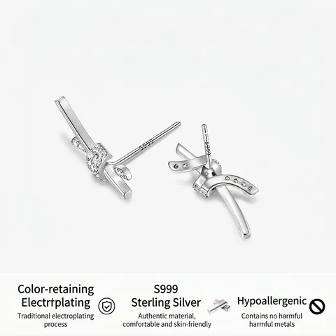 Orecchini A Lobo Con Nodo Argento Puro S999 Con Zircone Chiaro Fiocco Minimalista Gioielli Geometrici Lucidi Per Donne