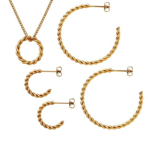 Collana Con Pendente A Cerchio Rotondo In Corda Intrecciata E Orecchini A Cerchio Acciaio Al Titanio Placcato Oro 18K