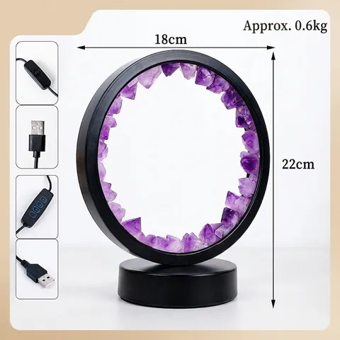 Natürliches Amethyst Kristall Nachtlicht Metallrahmen USB LED Nachttischlampe Modernes Rundes Desktop Dekorationslicht