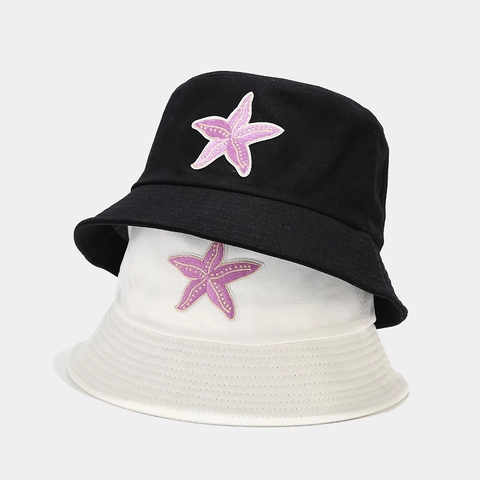 Starfish Embroidery Cotton Bucket Hat Sun Protection Outdoor Casual Beach Summer Sun Hat Women Girl