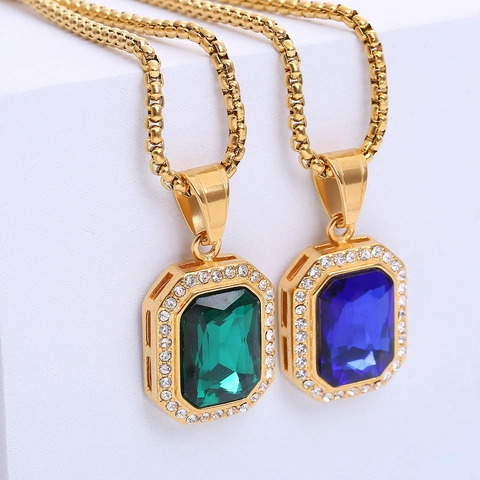 Collana Con Pendente Gemma Rettangolare Hip Hop Acciaio Inossidabile Placcato Oro Con Strass