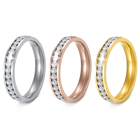 Eternity Ring Stainless Steel Single Row Rhinestone Channel Setting High Polished Minimalist Classic Jewelry For Women