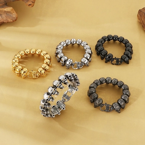 Retro Skull Head Stainless Steel Link Chain Bracelet Gothic Punk Style Jewelry For Men