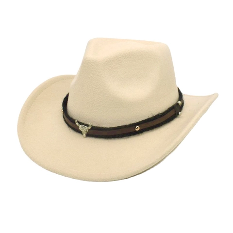 Chapeau De Cowboy Western Fedora En Feutre À Bord Large Avec Décor De Tête De Taureau En Métal Style Ethnique Rétro