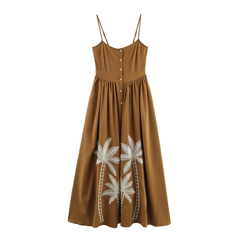 Palmboom Geborduurde Camisole Maxi Jurk Mouwloos Hoge Taille Knopen Vooraan Vakantie Spaghetti Bandjes Polyester Dames