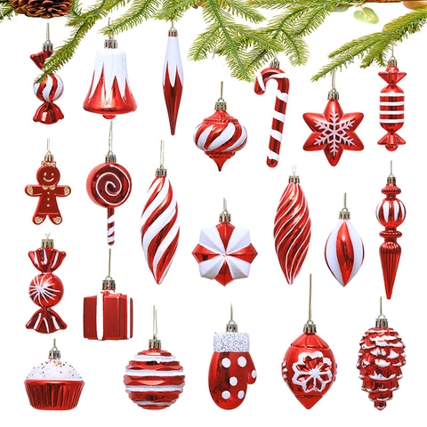 Christmas Tree Ornaments Plastic Electroplated Red White Candy Cane Star House Shaped Hanging Pendants Holiday Party Decor