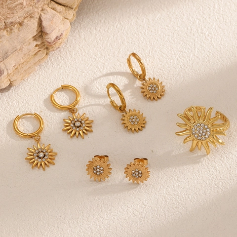 Pendientes De Girasol Y Estrella De Acero Inoxidable Bañado En Oro De 18K Y Anillo Ajustable Joyas Con Circonitas Para Mujer