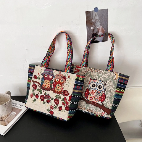 Ethnic Style Owl Elephant Embroidered Tote Bag Cotton Linen Small Handbag Bohemian Retro Shoulder Bag For Women