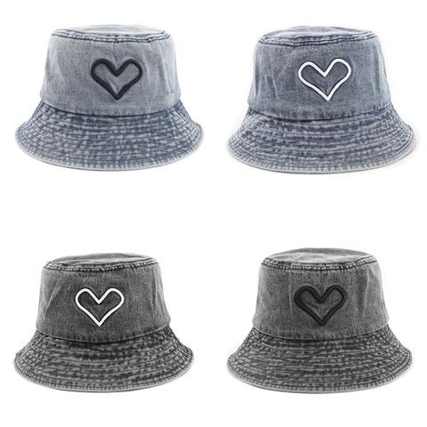 Cappello Bucket In Denim Lavato Ricamo A Cuore Retro Casual Protezione Solare Streetwear Cappello Da Pescatore