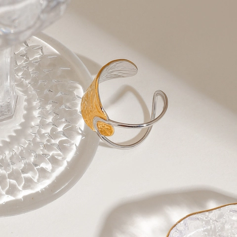 Asymmetrischer Offener Ring Edelstahl Hammerschlag Textur Gold Silber Zweifarbig Verstellbar Hohl Minimalistischer Schmuck