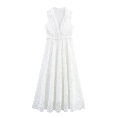 Abito Maxi Senza Maniche Da Donna Scollo A V Con Revers Vita Alta Con Cintura Elegante Abito A Camicia Testurizzato