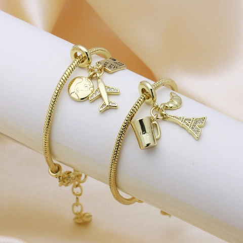 Reisethema Bettelarmband Kupfer 18K Vergoldet Verstellbarer Modischer Schmuck Mit Flugzeug Eiffelturm Für Damen