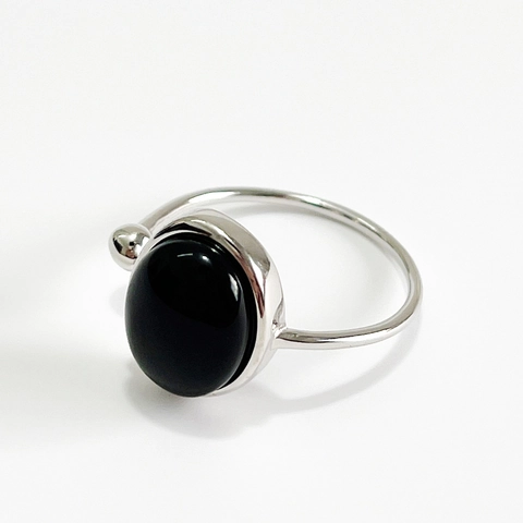 925 Sterling Silver Ring With Oval Black Agate Vintage Punk Style Adjustable Open Band Jewelry For Women Men