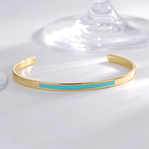Bracelet Jonc Ouvert Minimaliste Ajustable En Cuivre Plaqué Or 18K Avec Incrustation D'Émail Pour Femme Style Européen