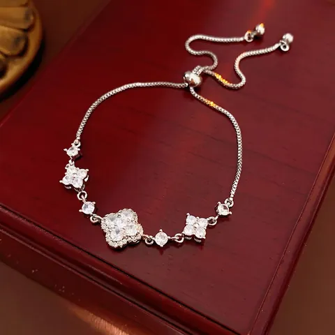 Elegant Four-Leaf Clover Bracelet Real Gold Plated Copper Micro-Paved Zircon Adjustable Drawstring Jewelry For Women